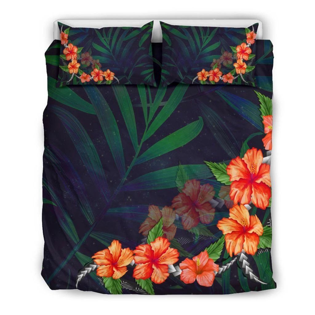 Hawaiian Hibiscus Palm Leaves Background Bedding Set
