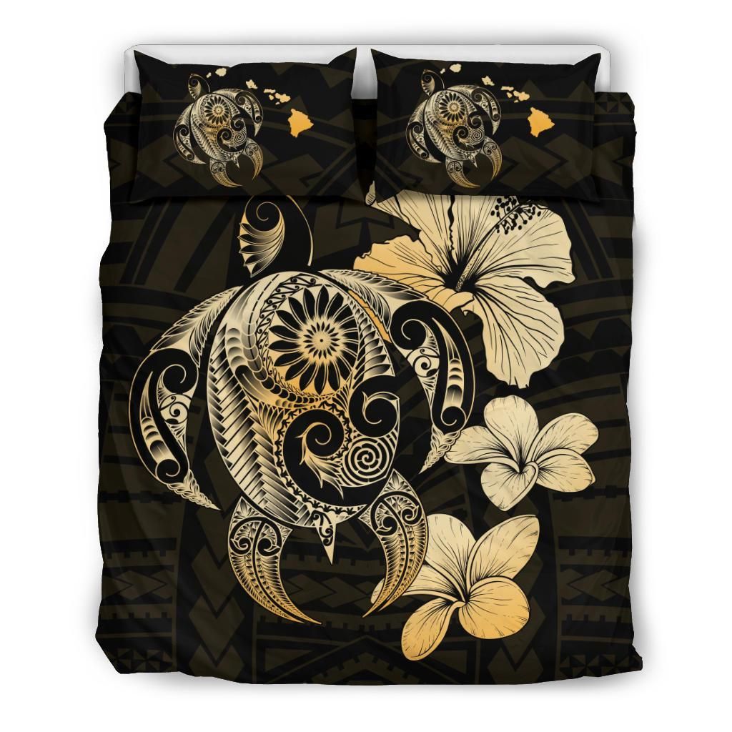 Hawaiian Hibiscus Plumeria Mix Turtle Polynesian Gold Bedding Set