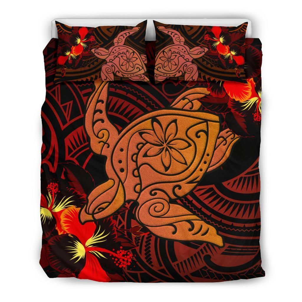 Hawaiian Hibiscus Plumeria Red Big Turtle Polynesian Bedding Set