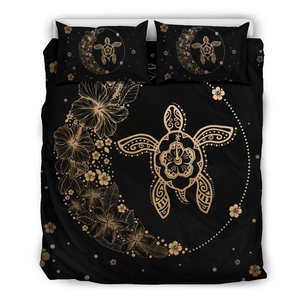 Hawaiian Hibiscus Plumeria Turtle Black And Gold Bedding Set