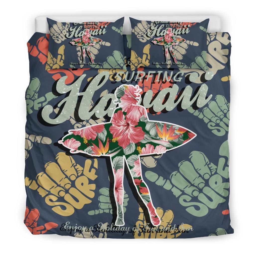 Hawaiian Hibiscus Shaka Banzai Pipeline Surfing Girl Bedding Set