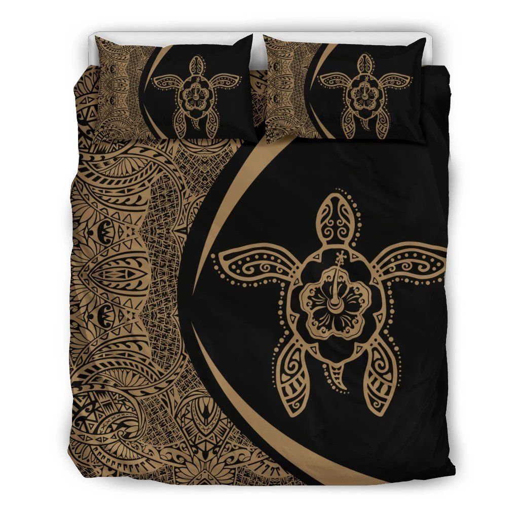 Hawaiian Hibiscus Turtle Polynesian Circle Style Gold And Black Bedding Set