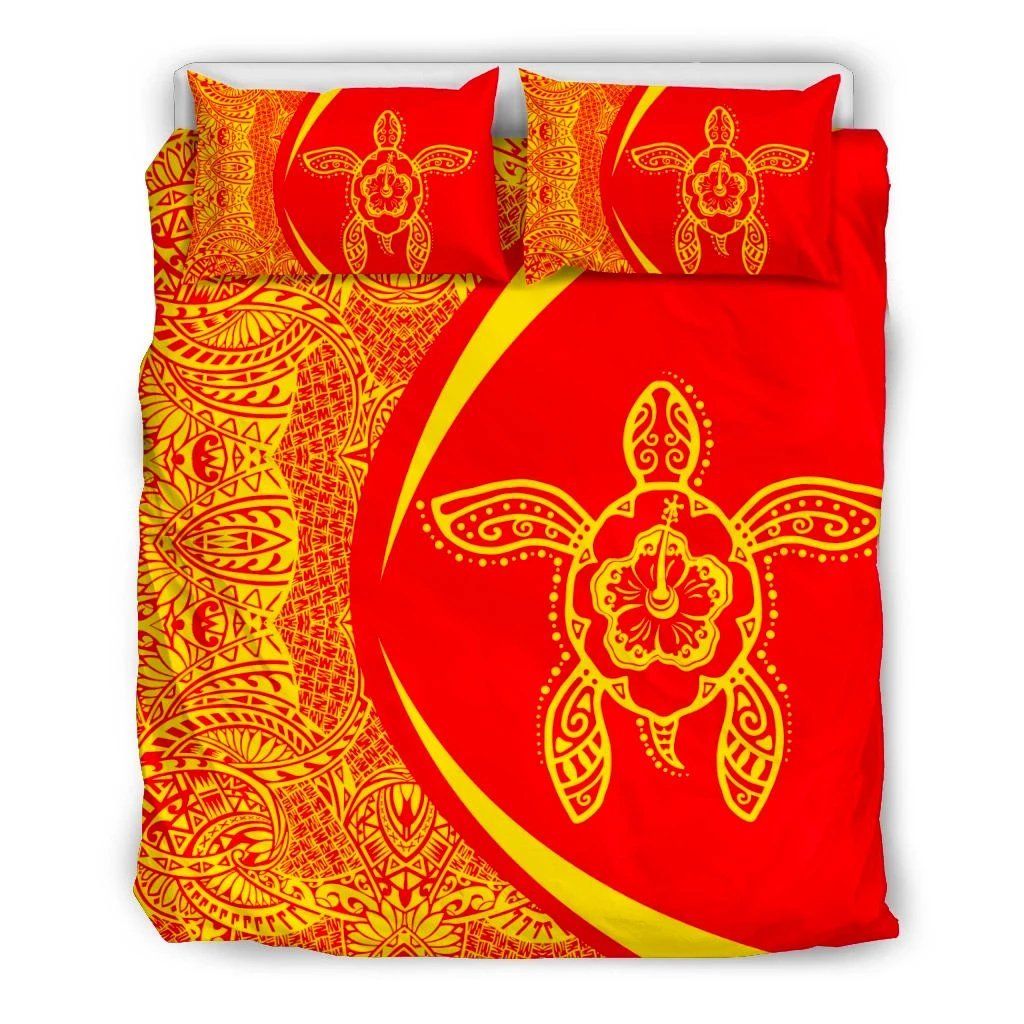 Hawaiian Hibiscus Turtle Polynesian Circle Style Red And Yellow Bedding Set
