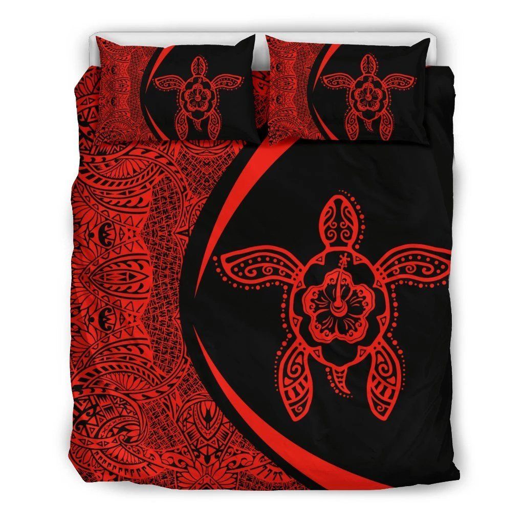 Hawaiian Hibiscus Turtle Polynesian Circle Style Red Bedding Set