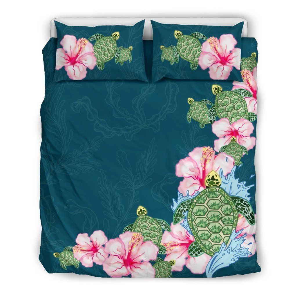 Hawaiian Hibiscus Turtle Seaweed Background Polynesian Bedding Set