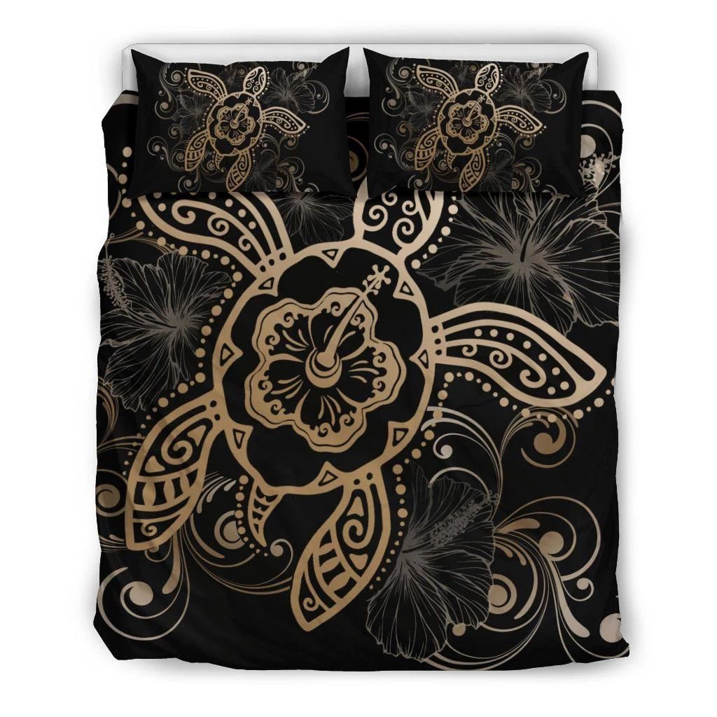 Hawaiian Hibiscus Turtle Wave Polynesian Gold Bedding Set