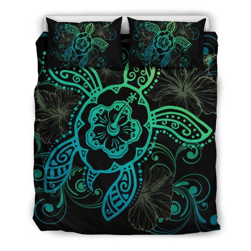 Hawaiian Hibiscus Turtle Wave Polynesian Green Bedding Set