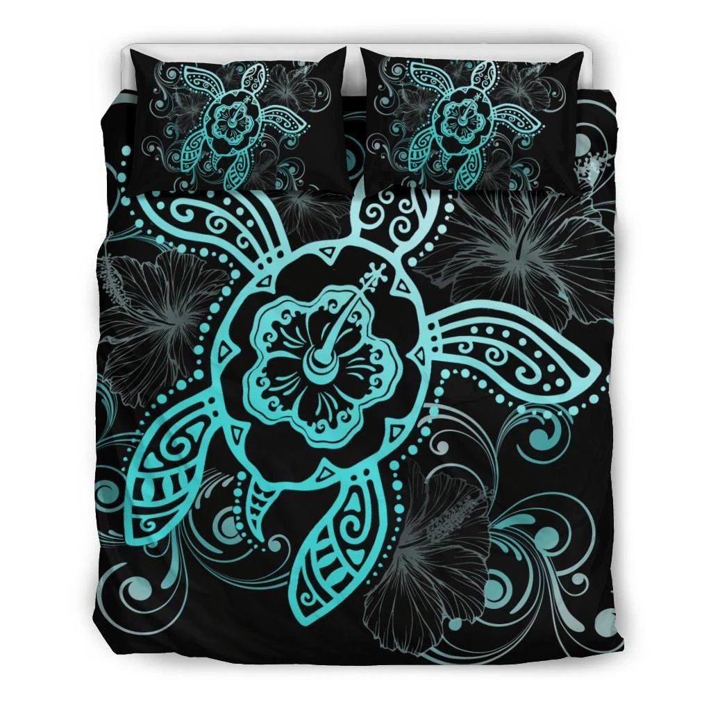 Hawaiian Hibiscus Turtle Wave Polynesian Turquoise Bedding Set