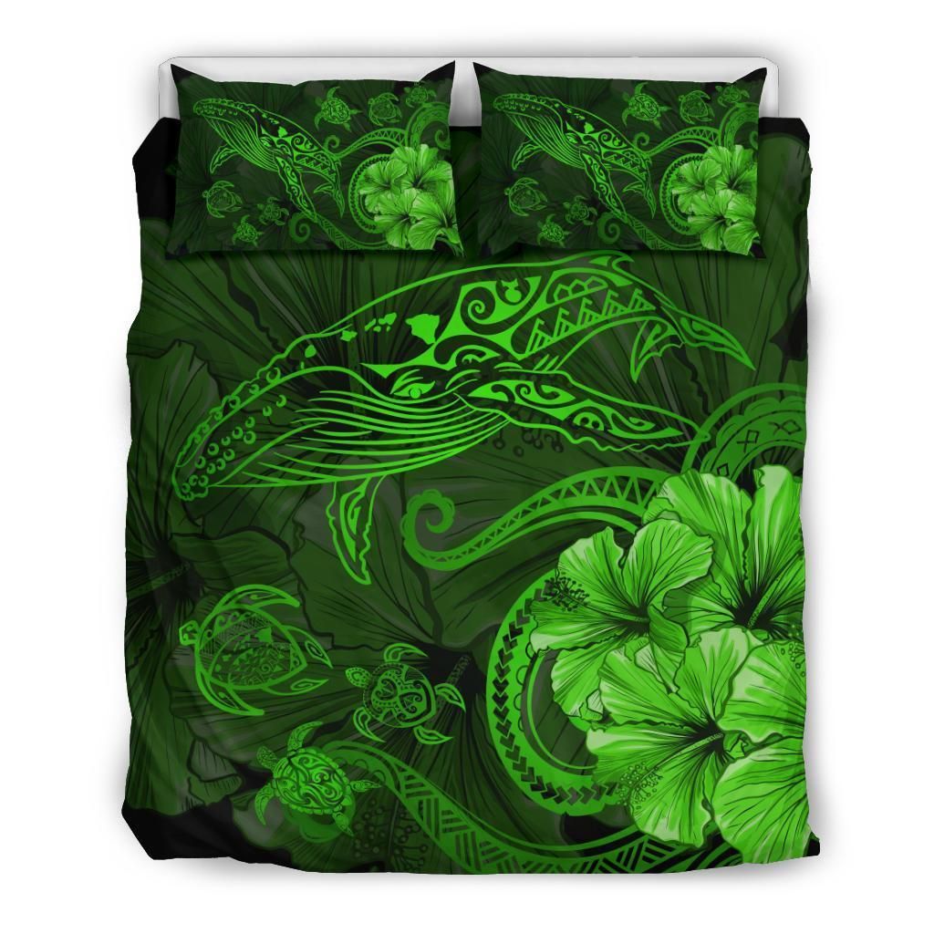 Hawaiian Hibiscus Whale Turtle Dance Polynesian Green Bedding Set