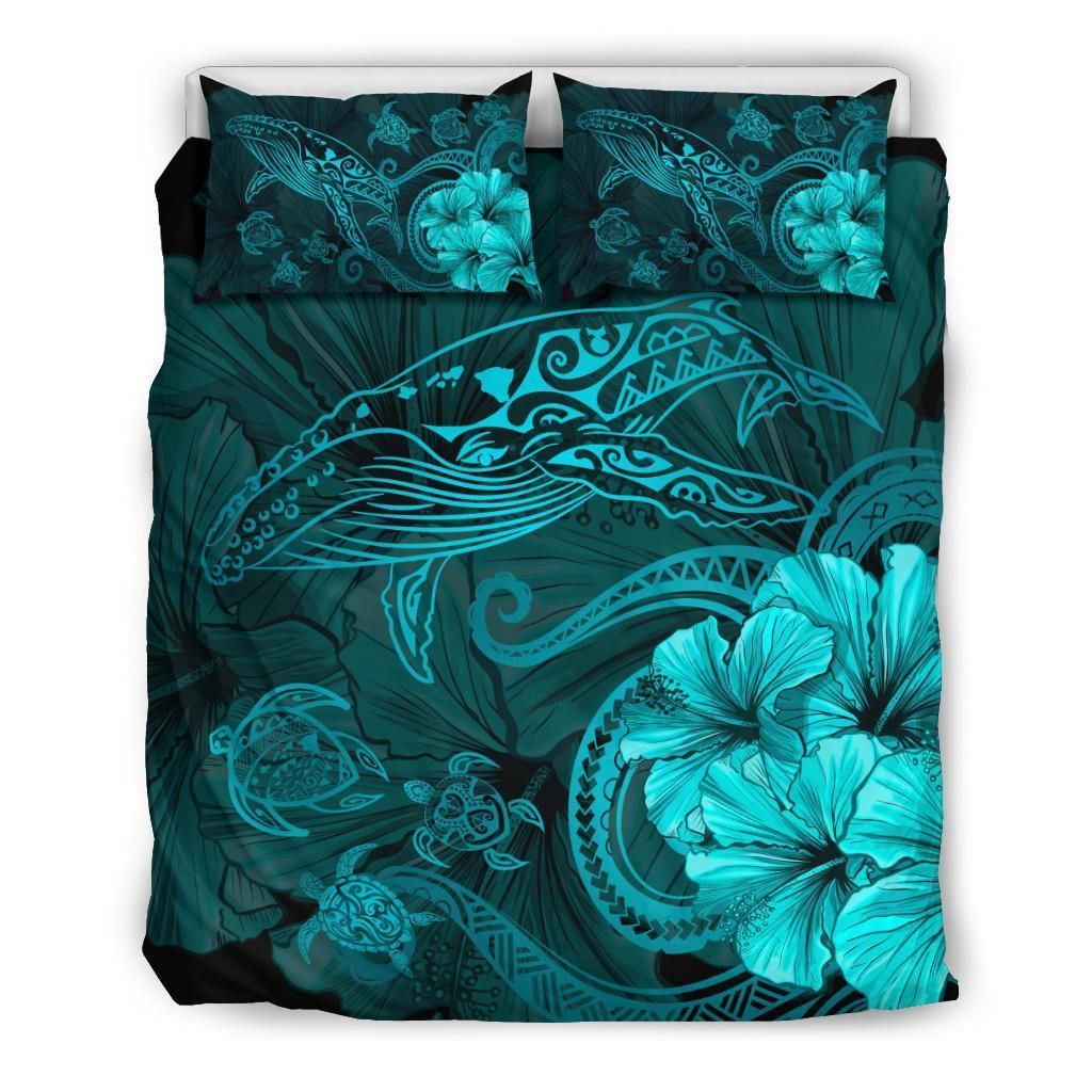 Hawaiian Hibiscus Whale Turtle Dance Polynesian Turquoise Bedding Set