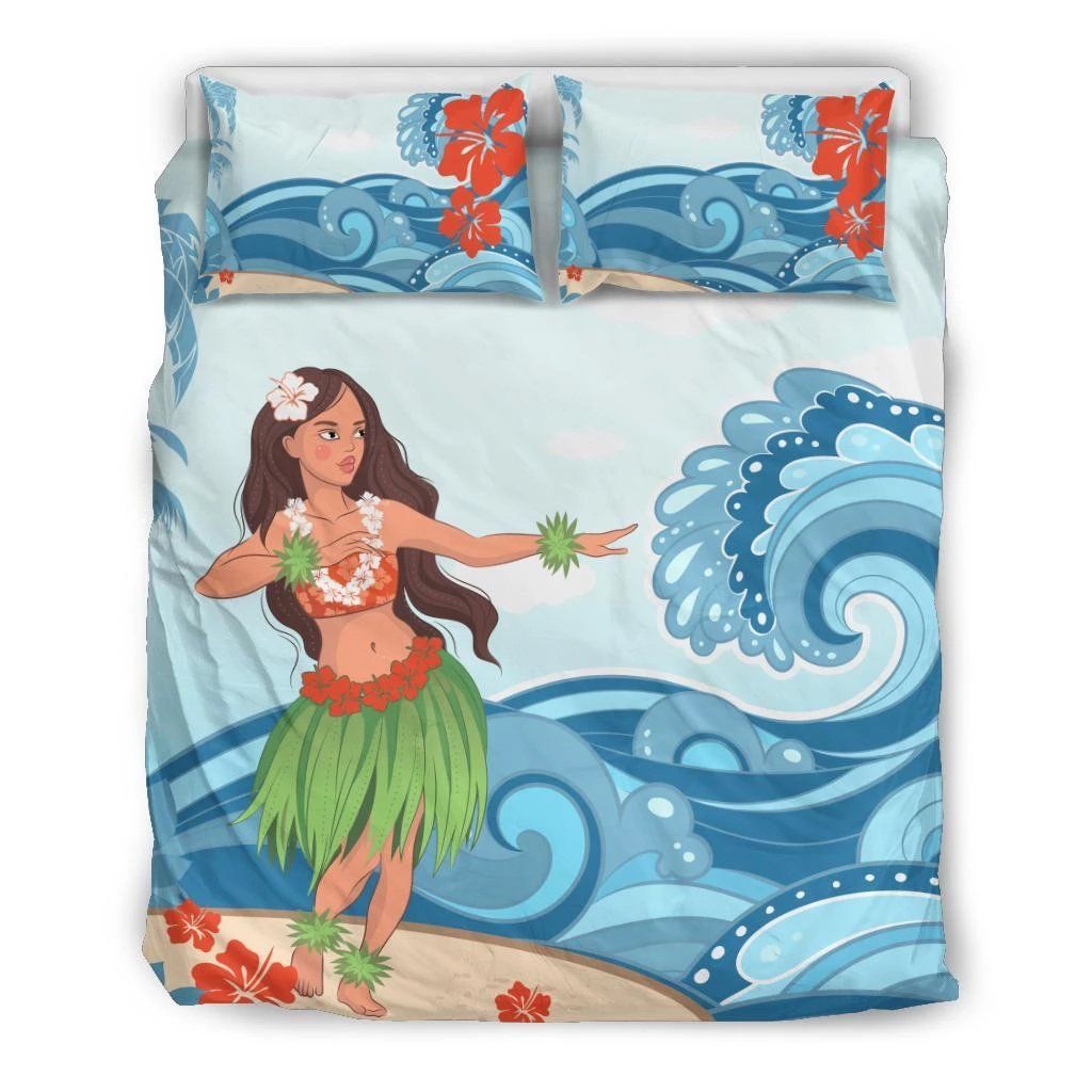 Hawaiian Hula Dance Cartoon Hibiscus Wave Bedding Set