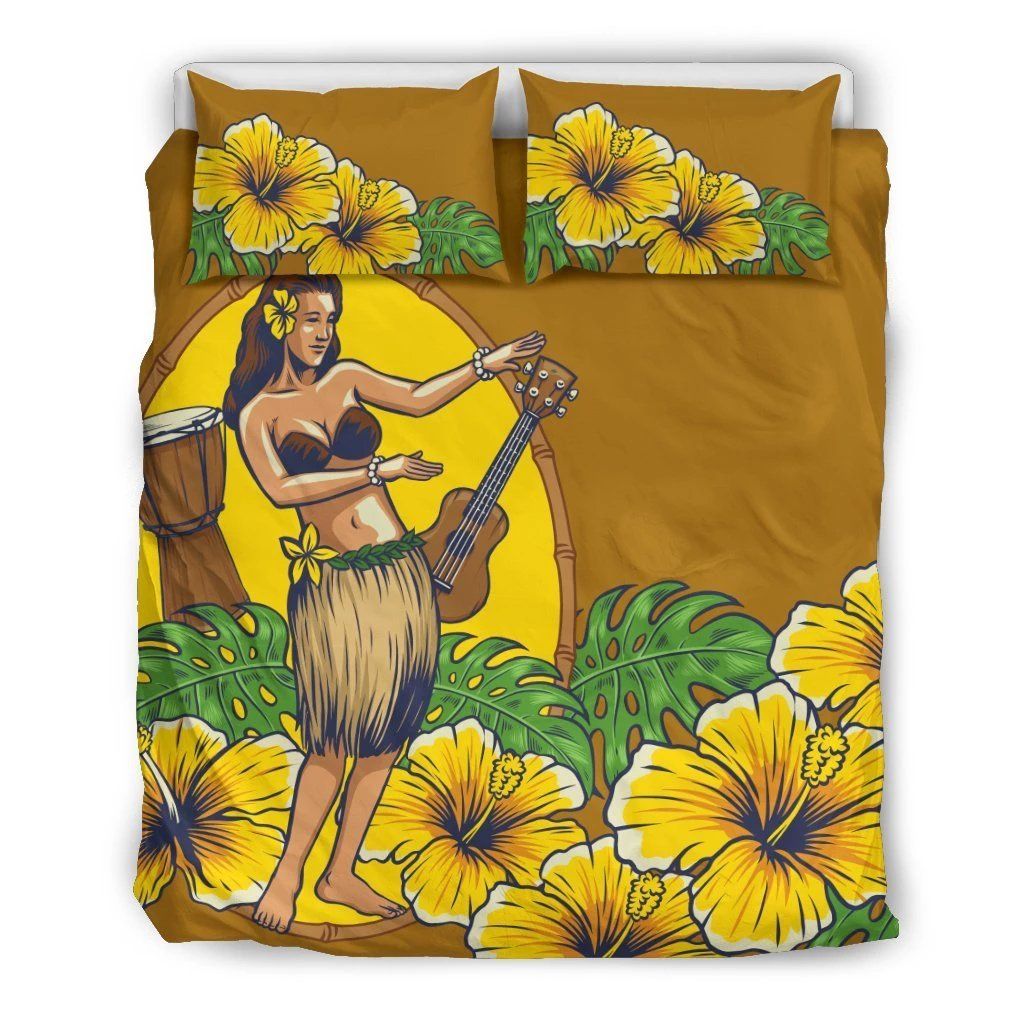 Hawaiian Hula Girl Monstera Hibiscus Polynesian Bedding Set