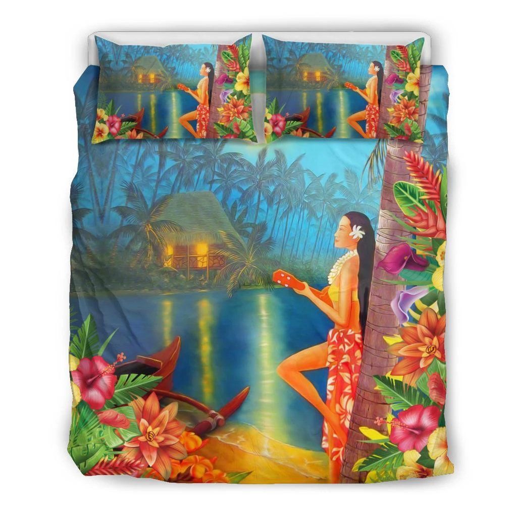 Hawaiian Hula Girl Sing In Aboriginal Village At Night Bedding Set
