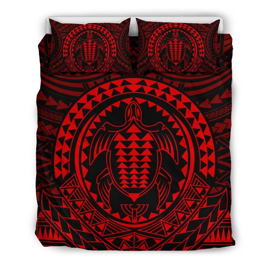 Hawaiian Kakau Honu Arc Red Polynesian Bedding Set
