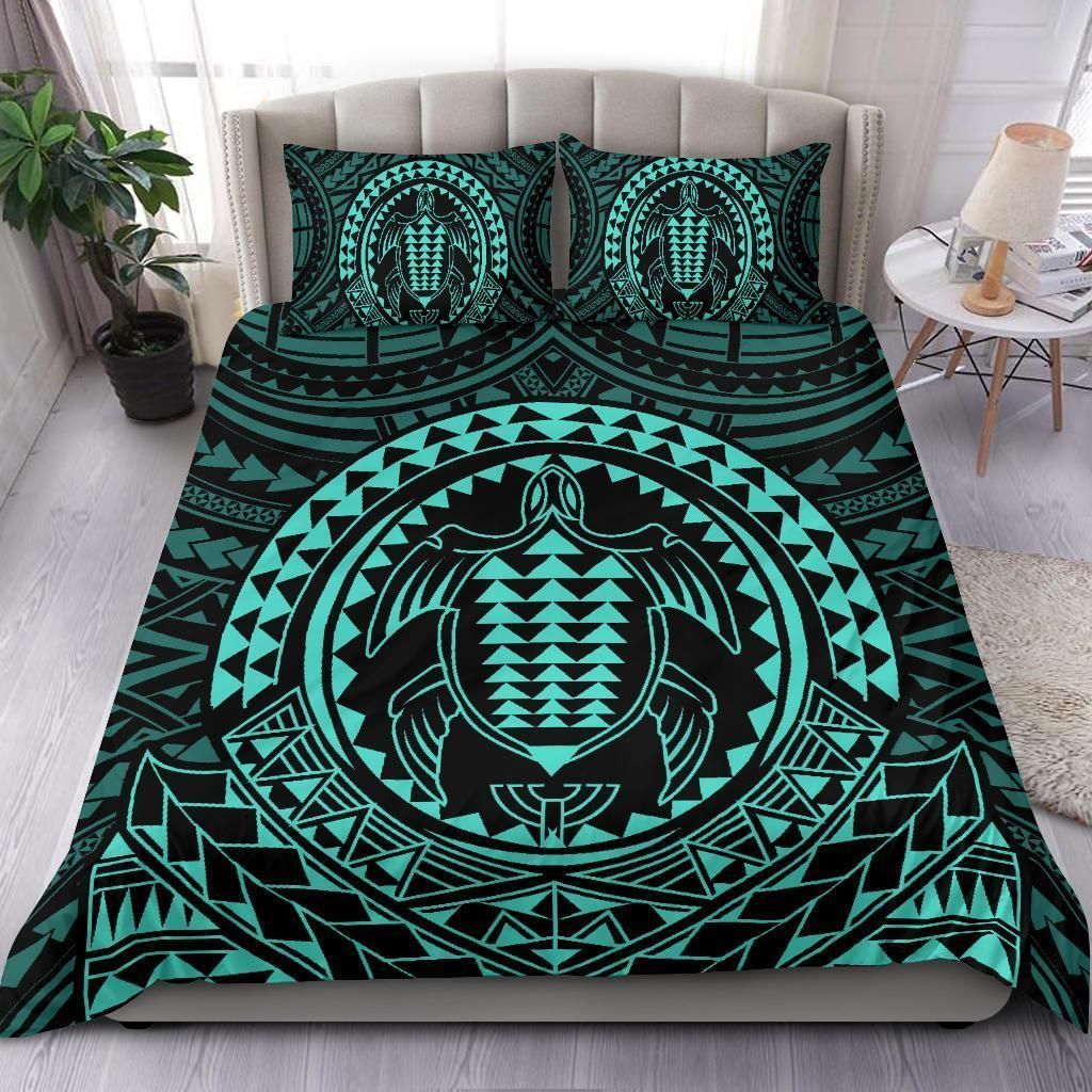 Hawaiian Kakau Honu Arc Turquoise Polynesian Bedding Set