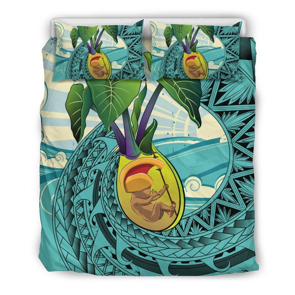 Hawaiian Kalo King Kamehameha Polynesian Turquoise Bedding Set