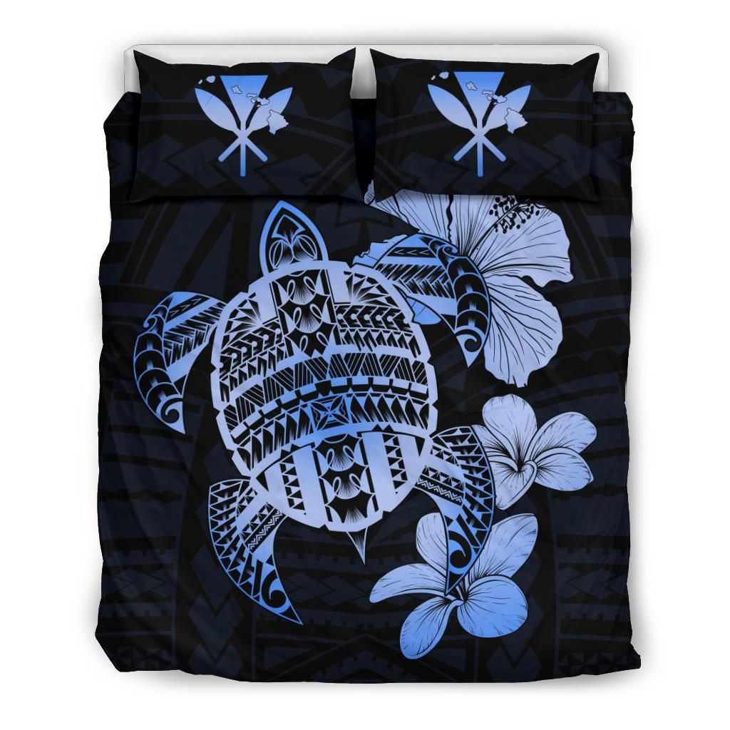 Hawaiian Kanaka Hibiscus Plumeria Mix Polynesian Turtle Blue Bedding Set