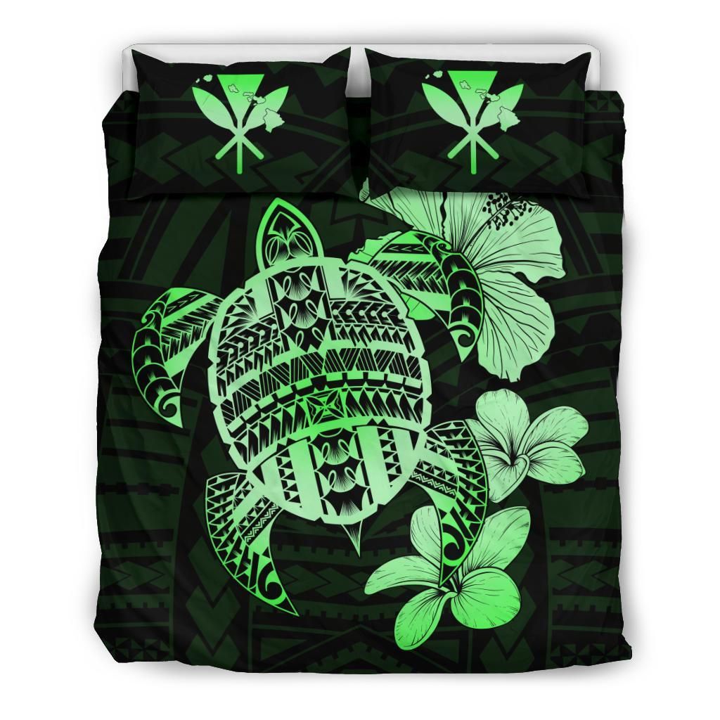 Hawaiian Kanaka Hibiscus Plumeria Mix Polynesian Turtle Green Bedding Set