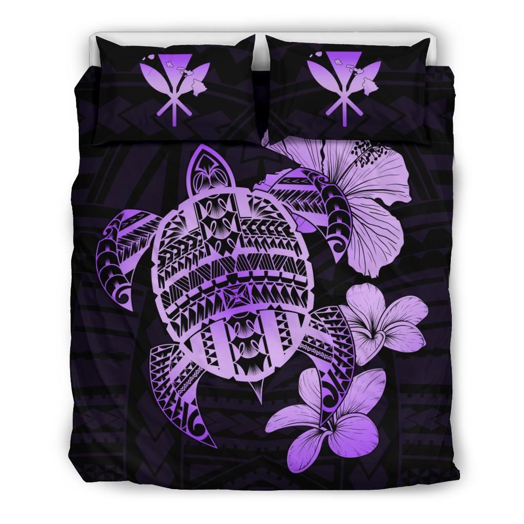 Hawaiian Kanaka Hibiscus Plumeria Mix Polynesian Turtle Violet Bedding Set