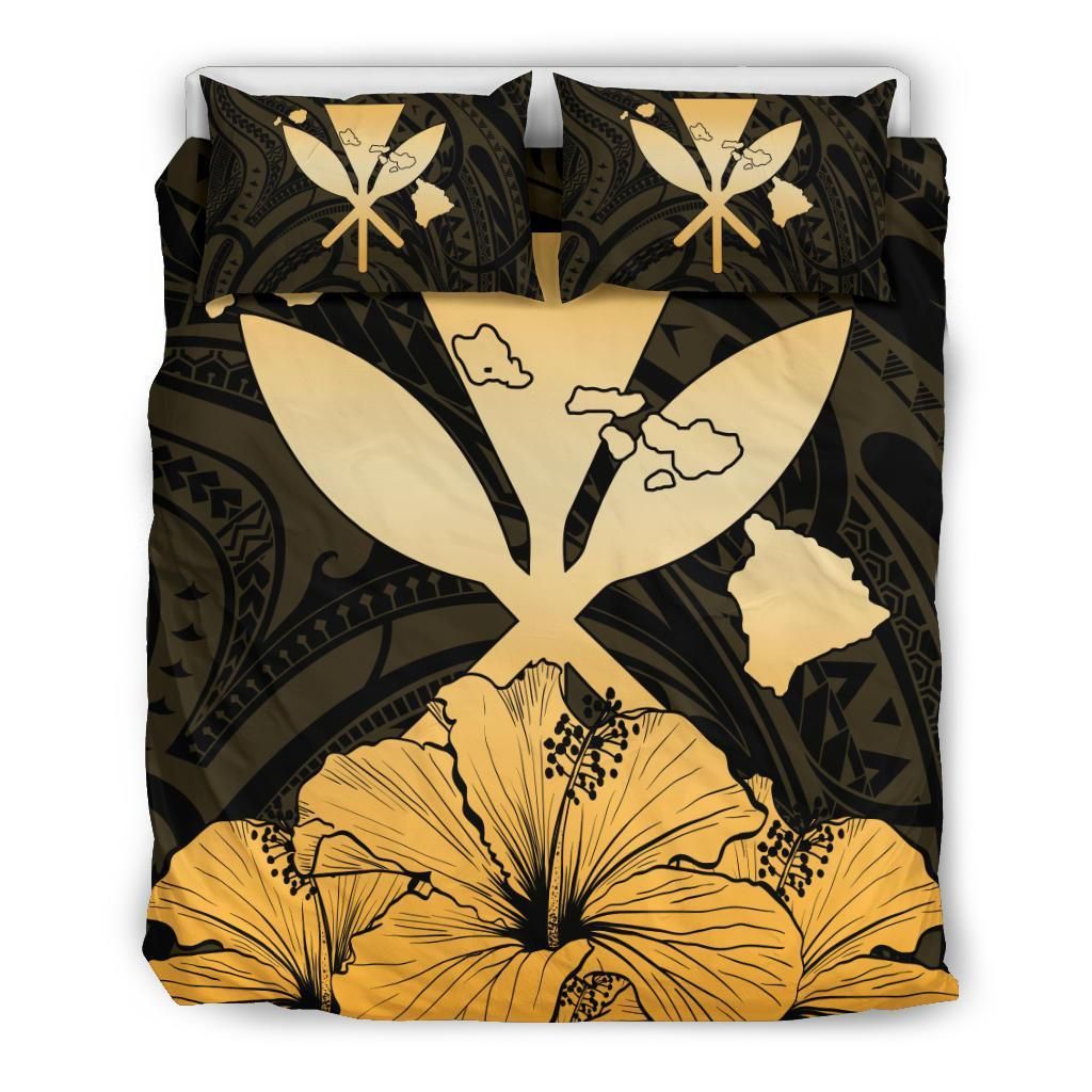 Hawaiian Kanaka Hibiscus Polynesian Love Gold Bedding Set