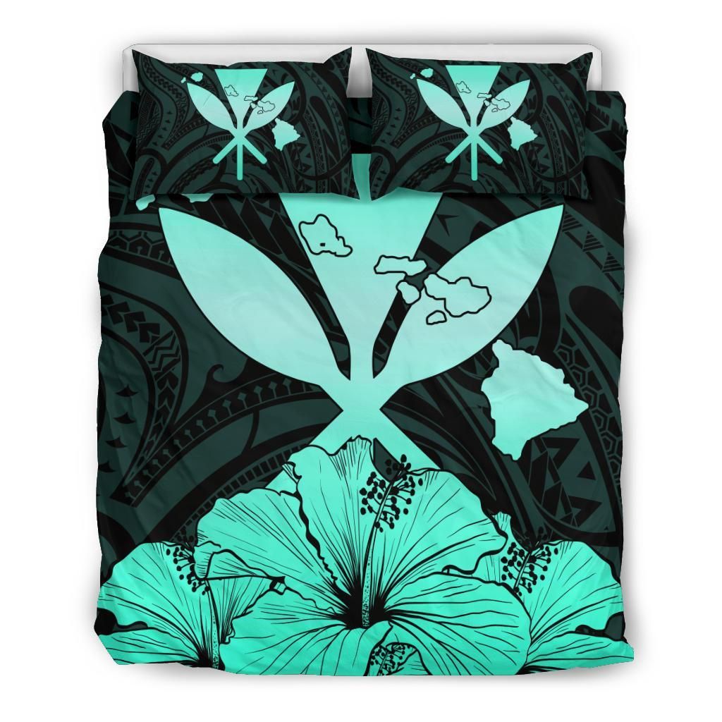 Hawaiian Kanaka Hibiscus Polynesian Love Turquoise Bedding Set