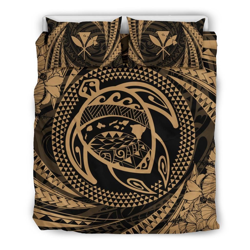 Hawaiian Kanaka Honu Hibiscus Tornado Gold Polynesian Bedding Set