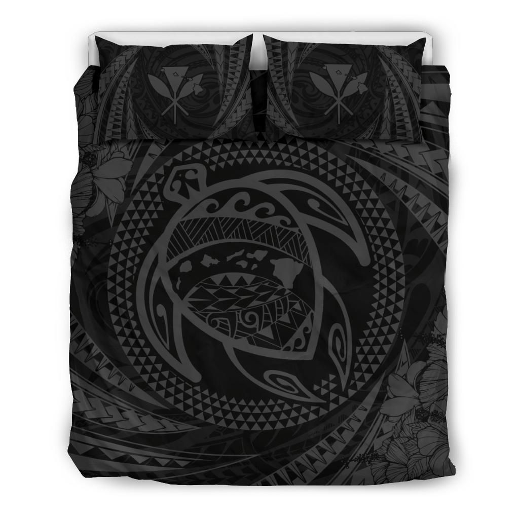 Hawaiian Kanaka Honu Hibiscus Tornado Gray Polynesian Bedding Set