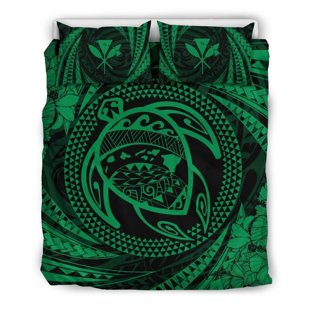 Hawaiian Kanaka Honu Hibiscus Tornado Green Polynesian Bedding Set