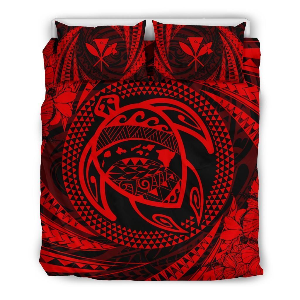 Hawaiian Kanaka Honu Hibiscus Tornado Red Polynesian Bedding Set