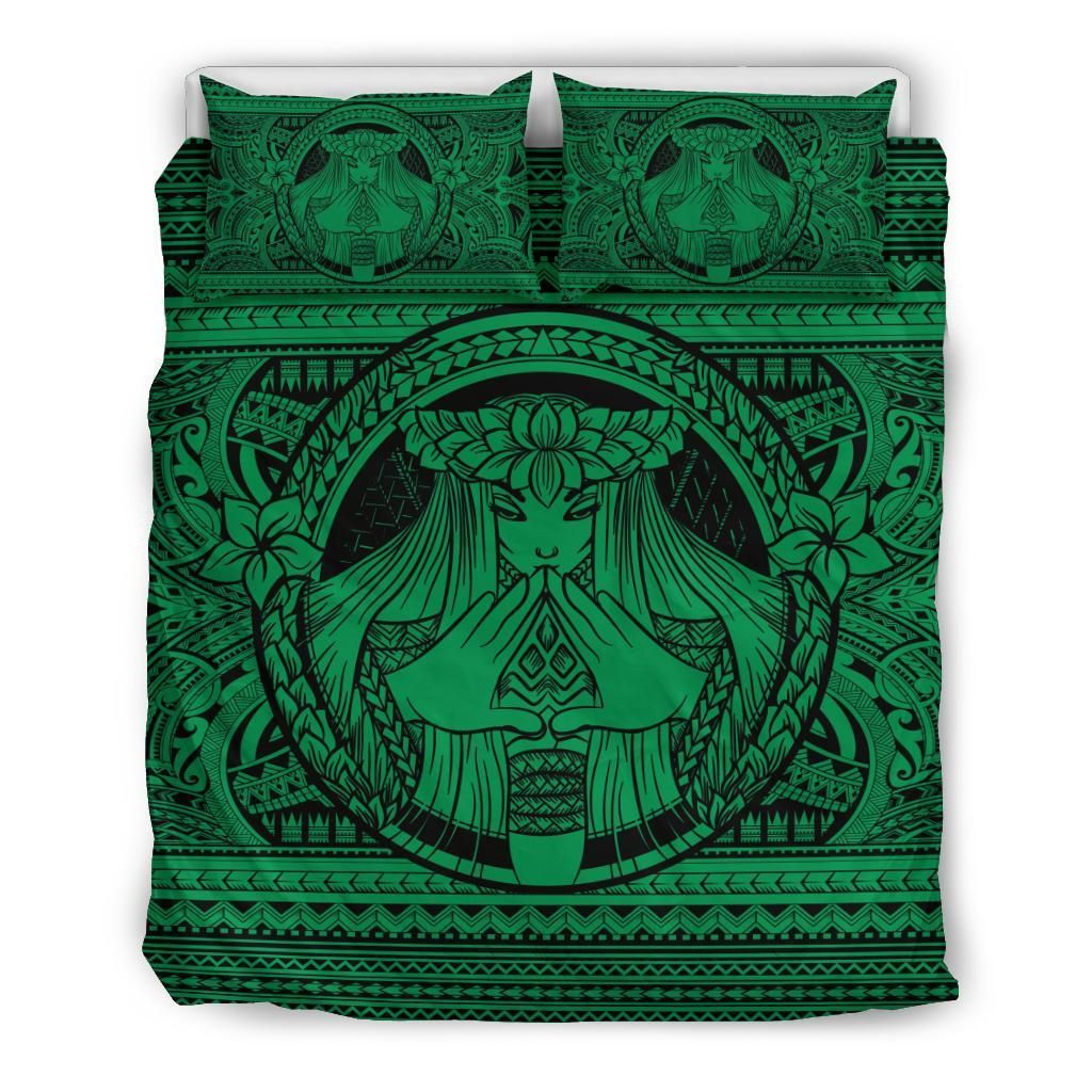 Hawaiian Madame Pele Plumeria Polynesian Green Bedding Set