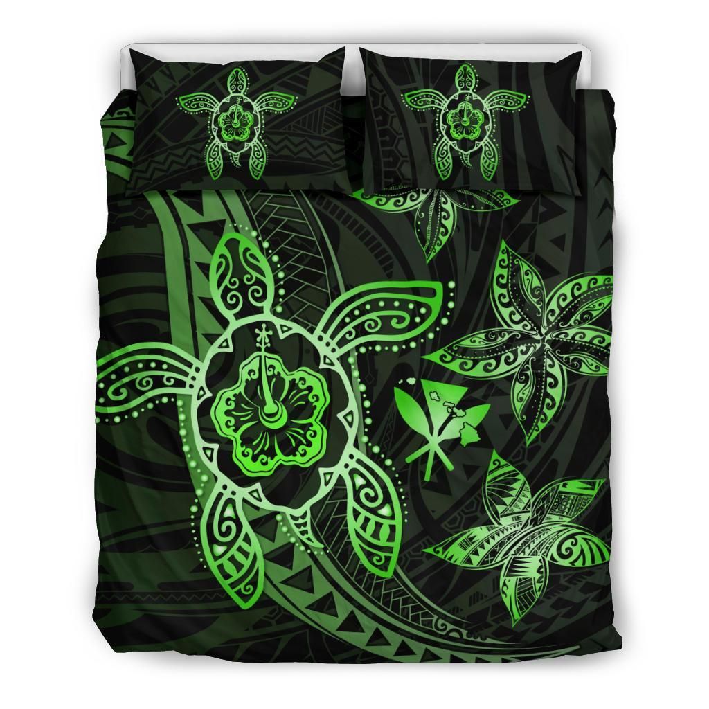 Hawaiian Map Art Turtle Kanaka Hibiscus Plumeria Green Polynesian Bedding Set