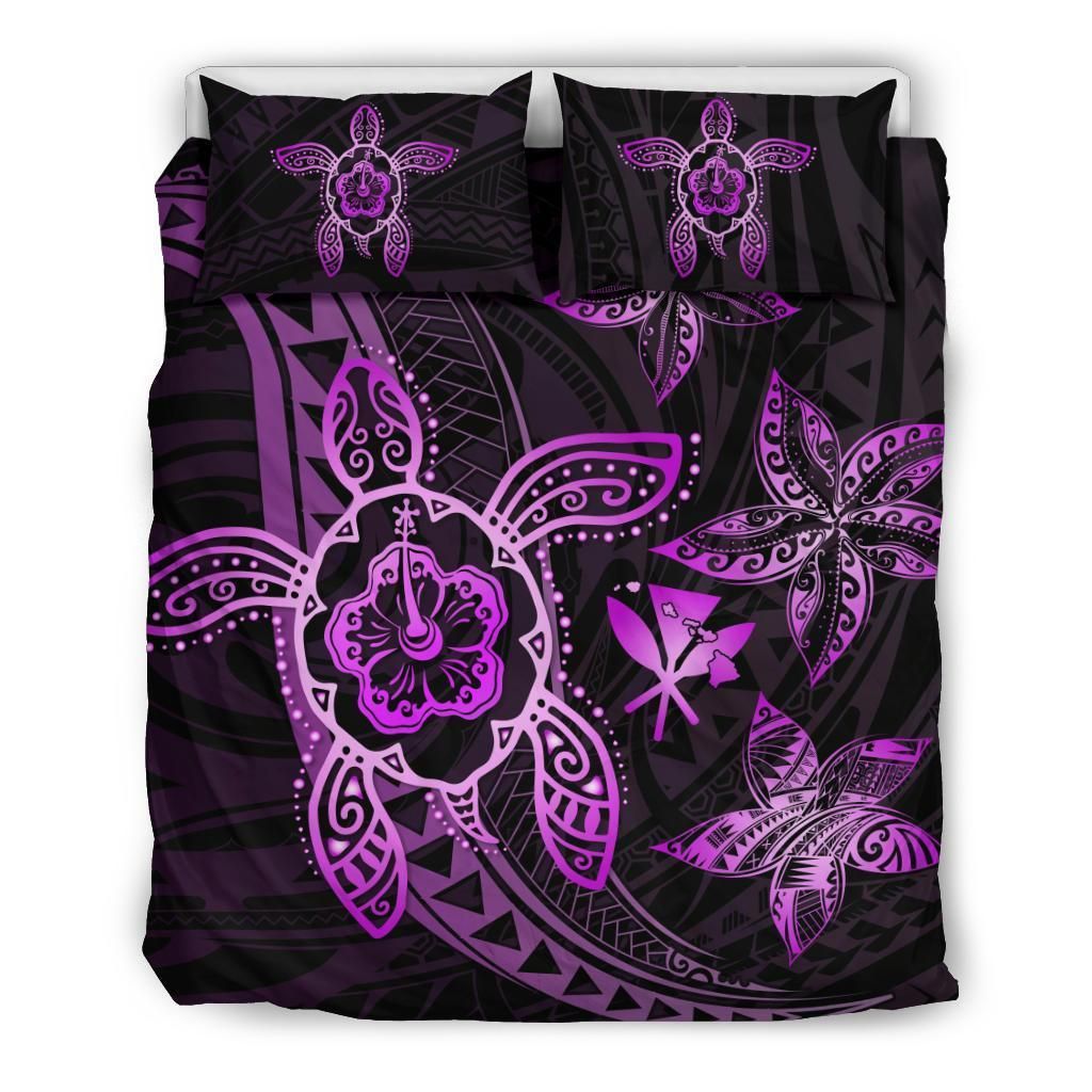 Hawaiian Map Art Turtle Kanaka Hibiscus Plumeria Pink Bedding Set