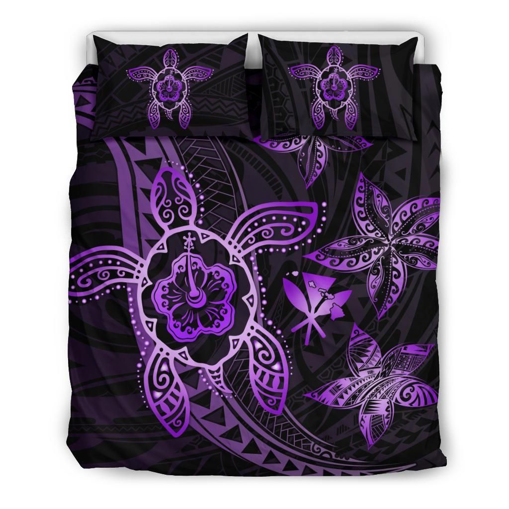 Hawaiian Map Art Turtle Kanaka Hibiscus Plumeria Violet Polynesian Bedding Set