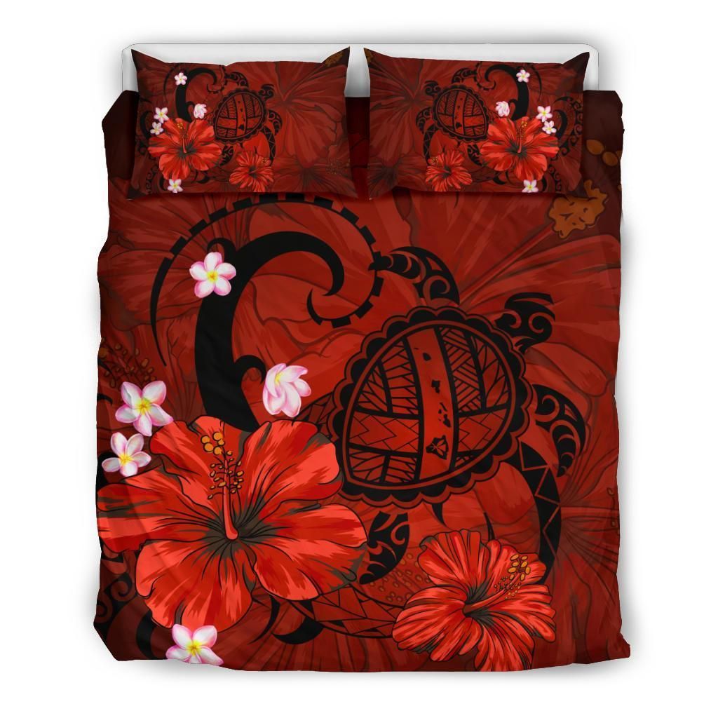 Hawaiian Map Big Turtle Hibiscus Plumeria Tribal Bedding Set