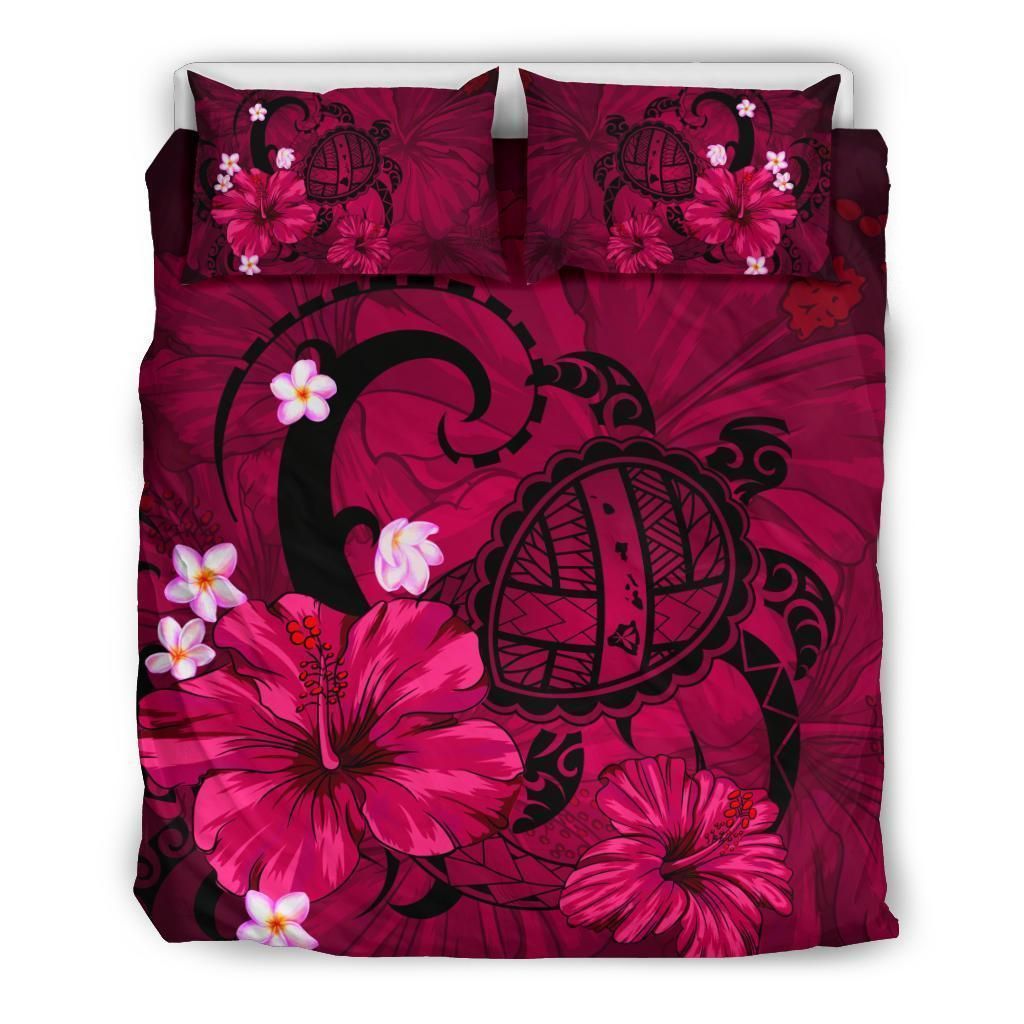 Hawaiian Map Big Turtle Hibiscus Plumeria Tribal Polynesian Pink Bedding Set