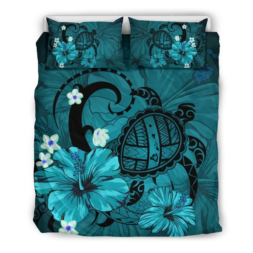 Hawaiian Map Big Turtle Hibiscus Plumeria Tribal Polynesian Turquoise Bedding Set