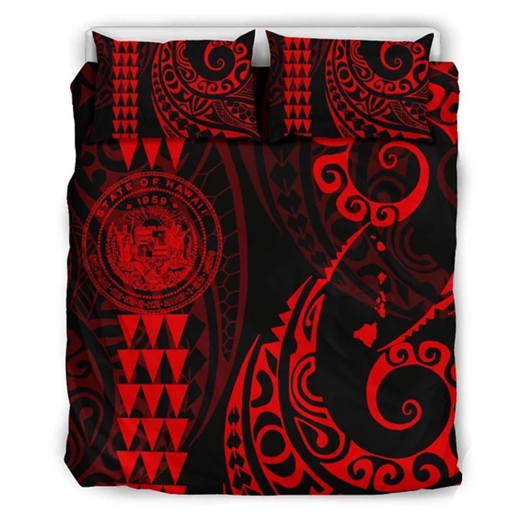 Hawaiian Map Coat Of Arms Flag Red Bedding Set