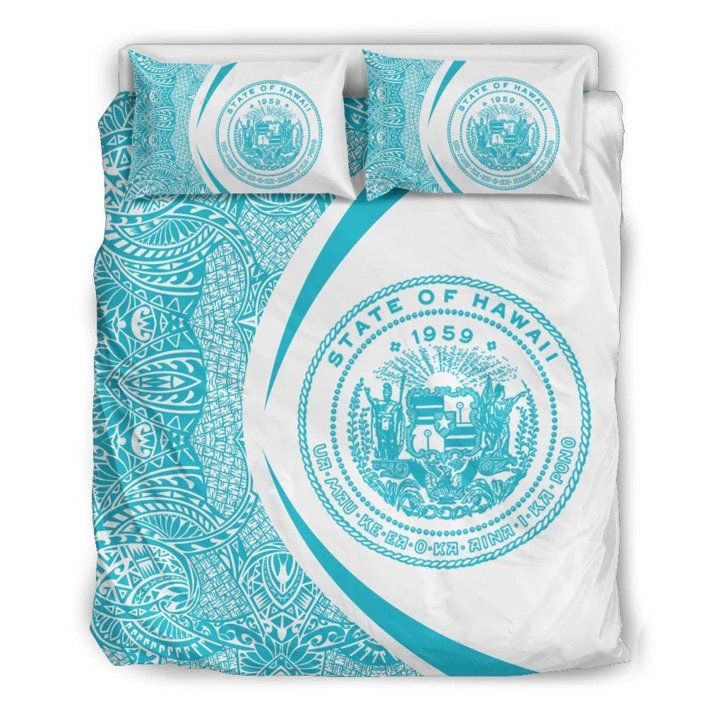 Hawaiian Map Coat Of Arms Polynesian Circle Style Blue And White Bedding Set