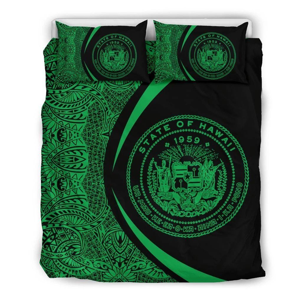 Hawaiian Map Coat Of Arms Polynesian Circle Style Green Bedding Set