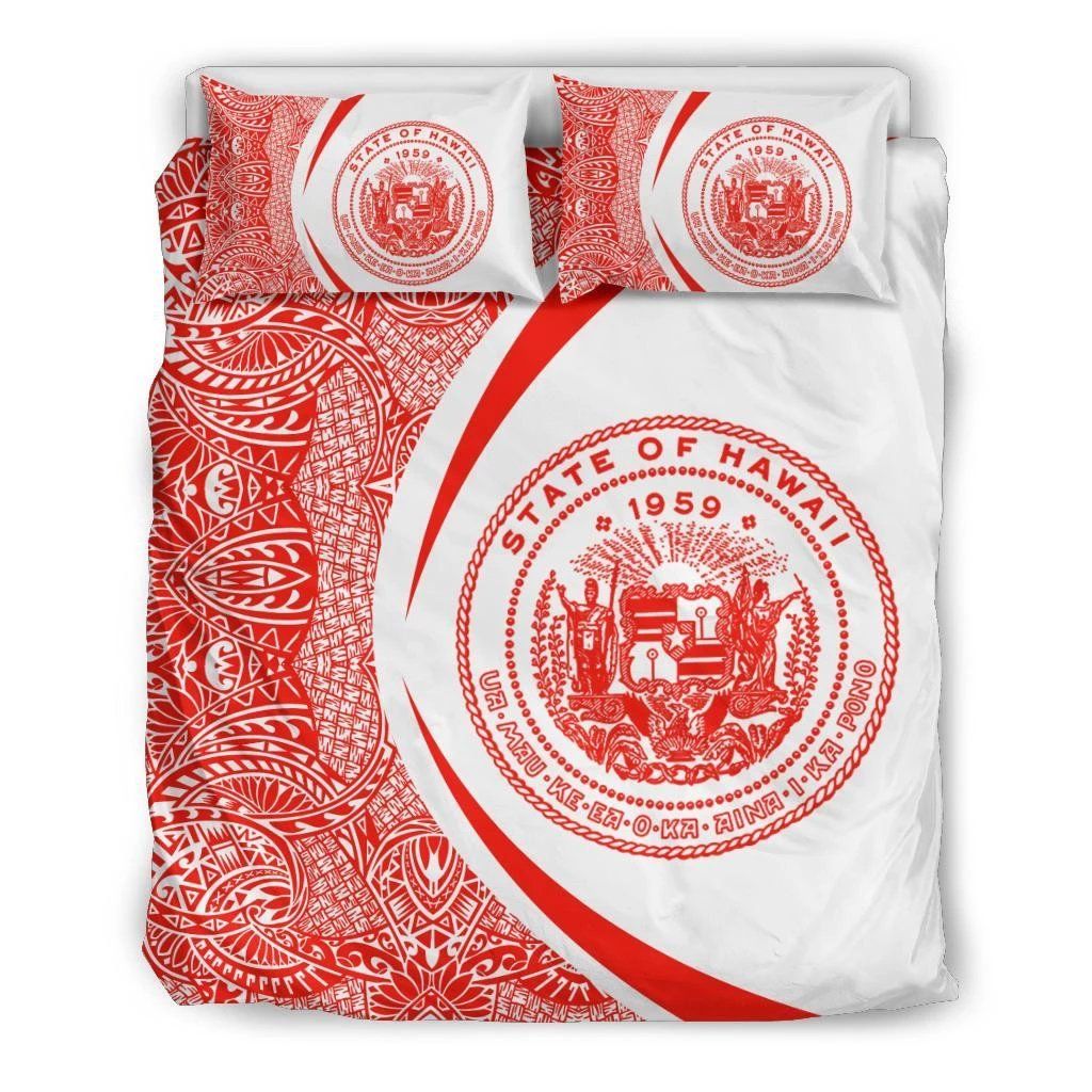 Hawaiian Map Coat Of Arms Polynesian Circle Style Red And White Bedding Set