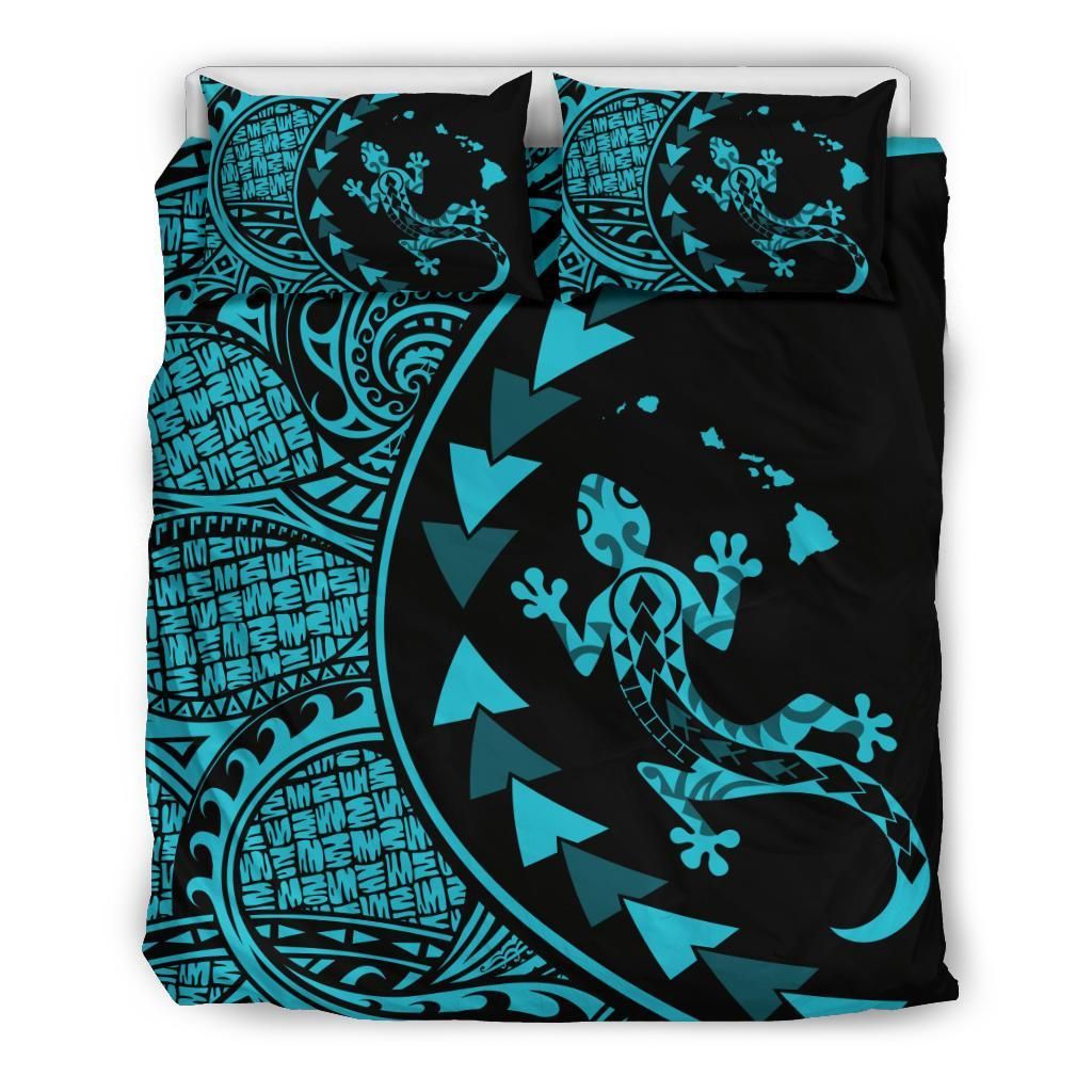 Hawaiian Map Gecko Tattoo Kakau Polynesian Blue Bedding Set