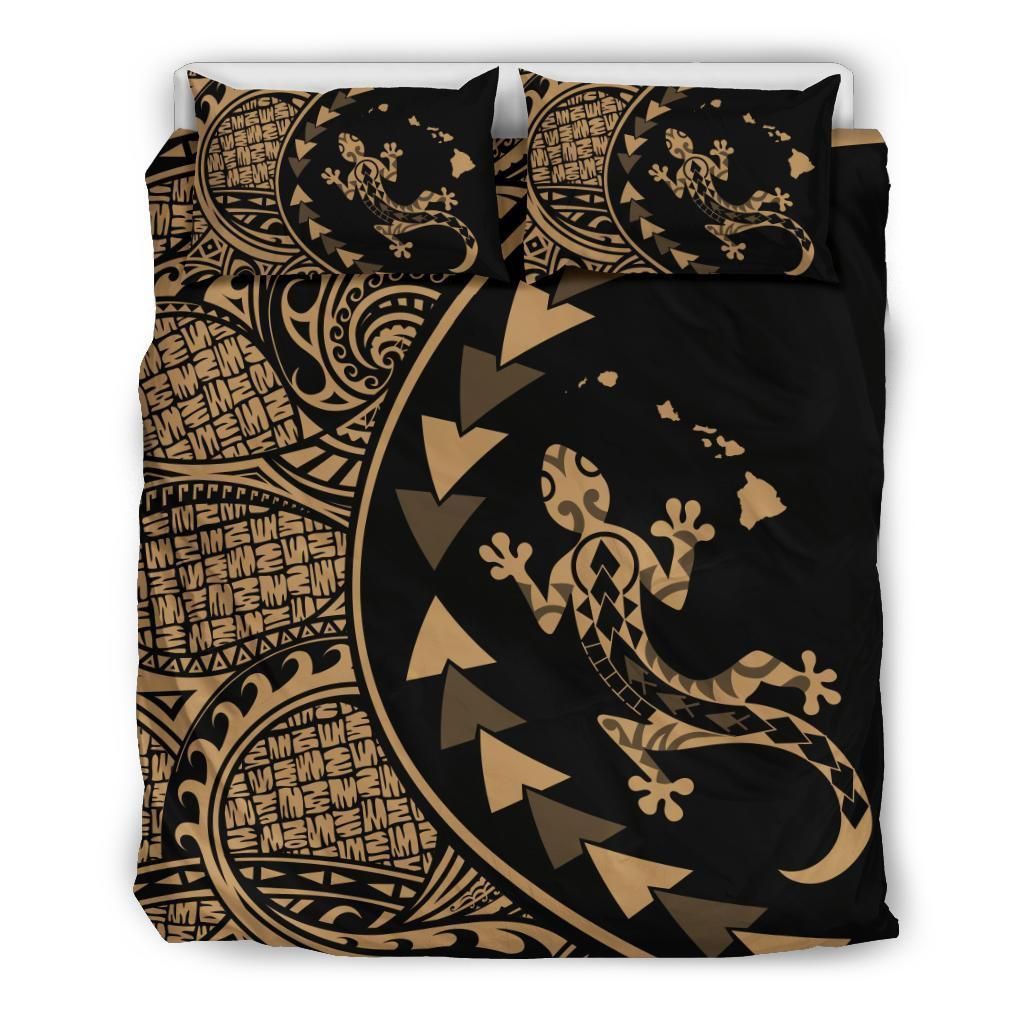 Hawaiian Map Gecko Tattoo Kakau Polynesian Gold Bedding Set