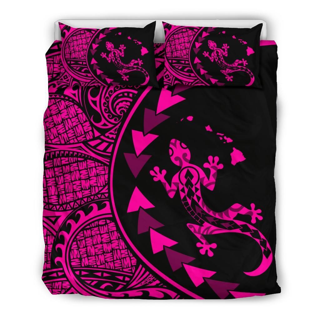 Hawaiian Map Gecko Tattoo Kakau Polynesian Pink Bedding Set