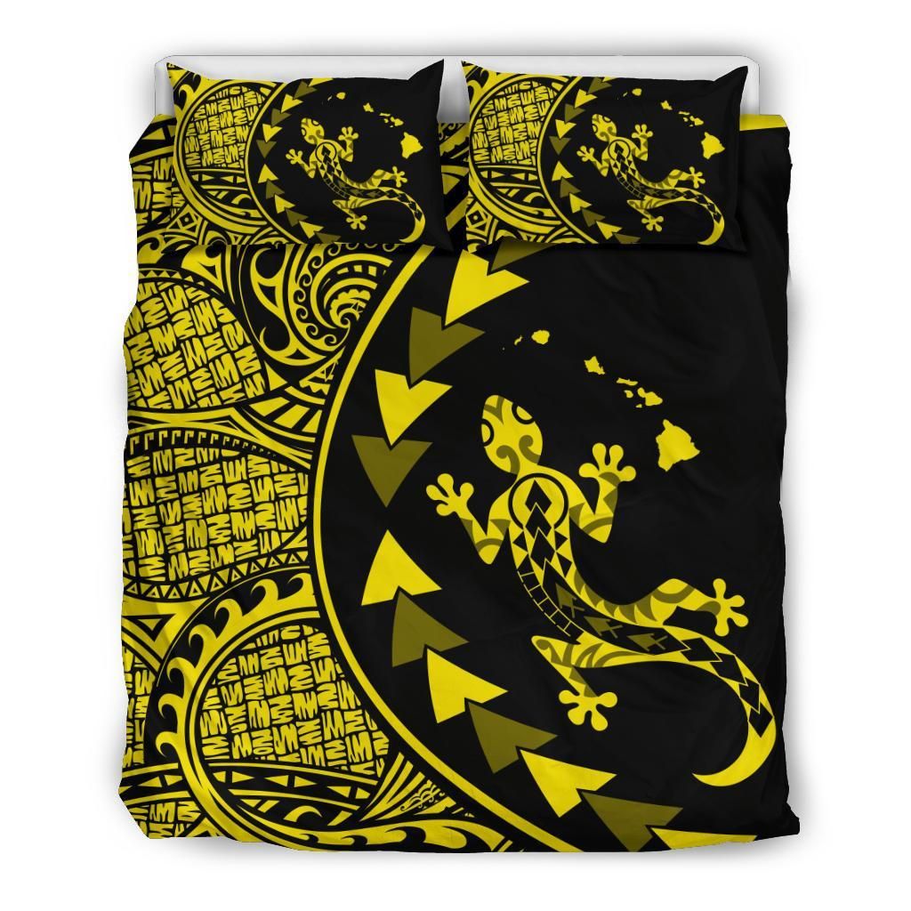 Hawaiian Map Gecko Tattoo Kakau Polynesian Yellow Bedding Set