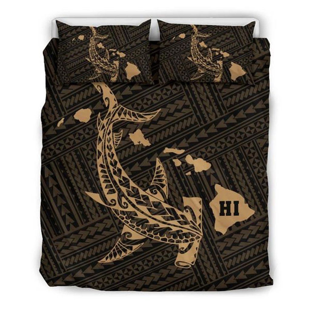 Hawaiian Map Hamerhead Shark Polynesian Gold Bedding Set
