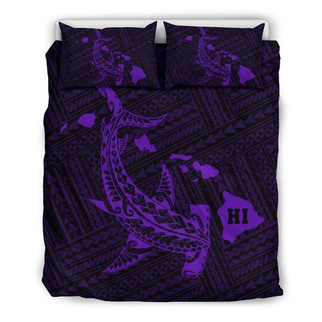 Hawaiian Map Hamerhead Shark Polynesian Purple Bedding Set