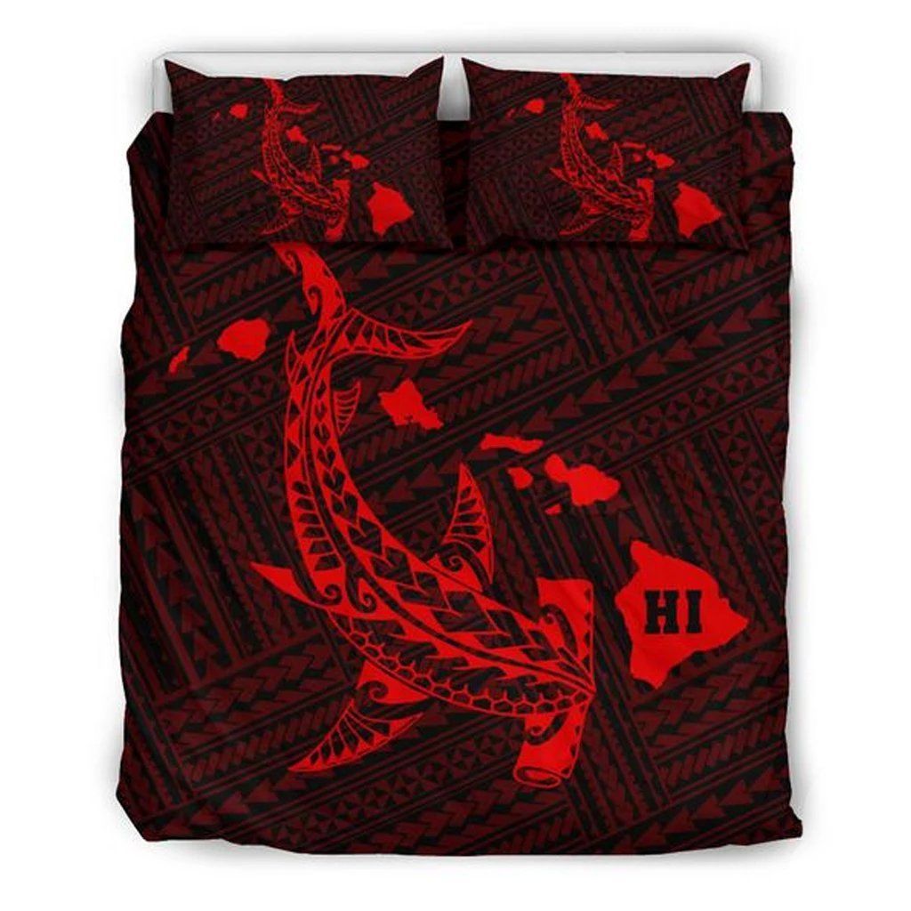 Hawaiian Map Hamerhead Shark Polynesian Red Bedding Set