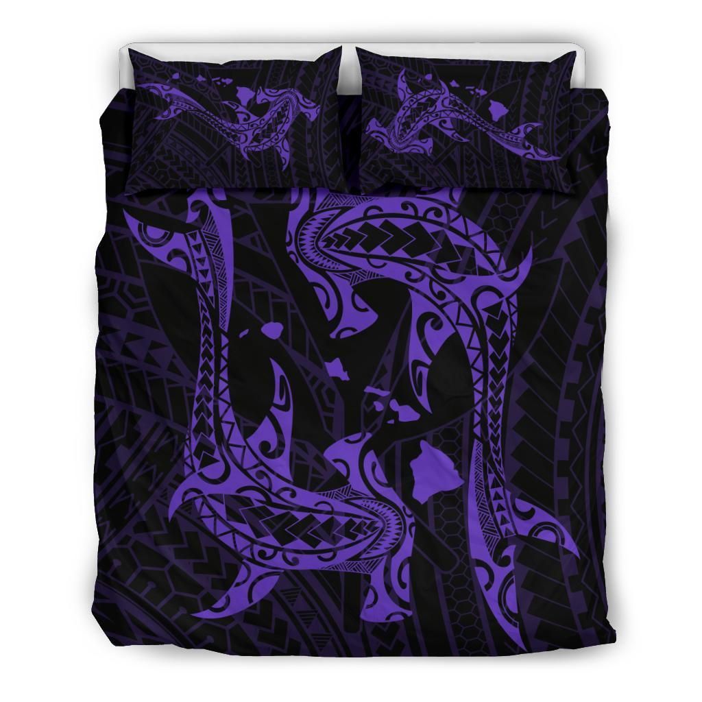 Hawaiian Map Hamerhead Shark Yin Yang Purple Bedding Set
