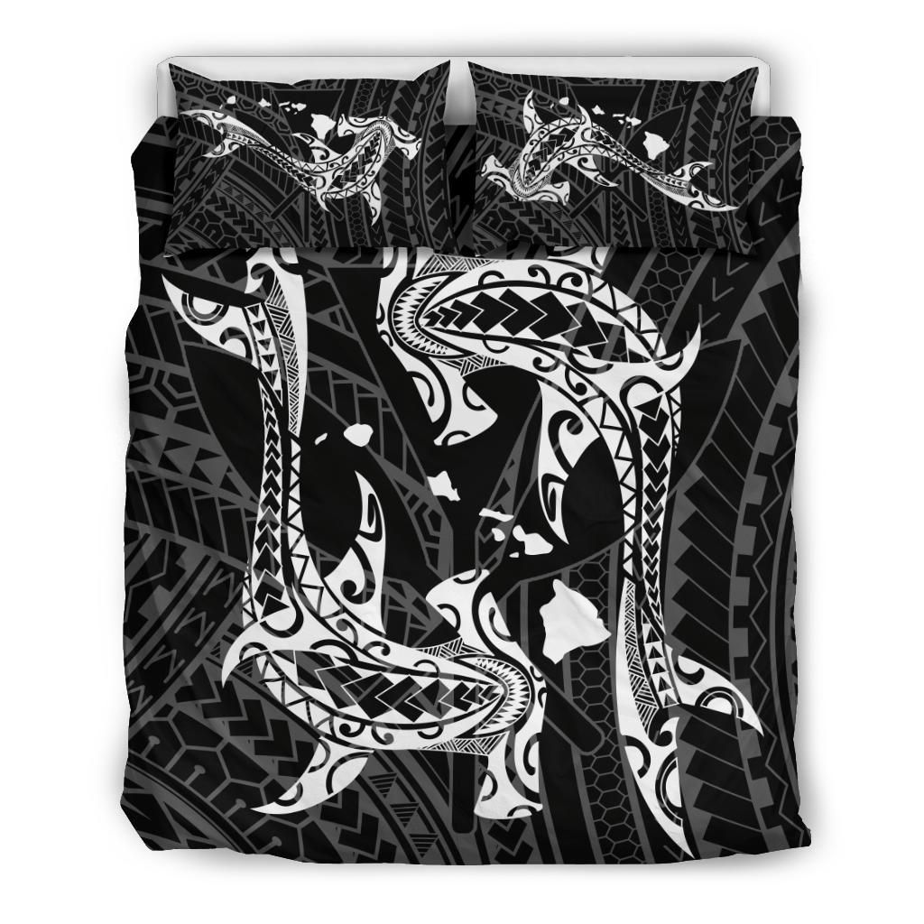 Hawaiian Map Hammerhead Shark Yin Yang Polynesian Black Bedding Set