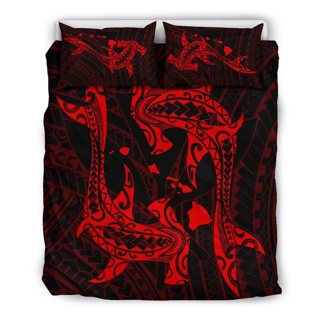 Hawaiian Map Hammerhead Shark Yin Yang Polynesian Red Bedding Set